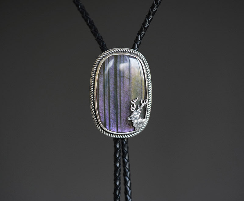 “The Forest’s Secret” Natural Labradorite and Fine Silver Stag Bolo Tie