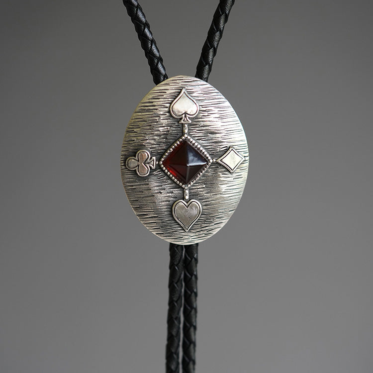 ”The Sovereign Gambit“ Silver & Sugarloaf Garnet Gemstone Bolo Tie