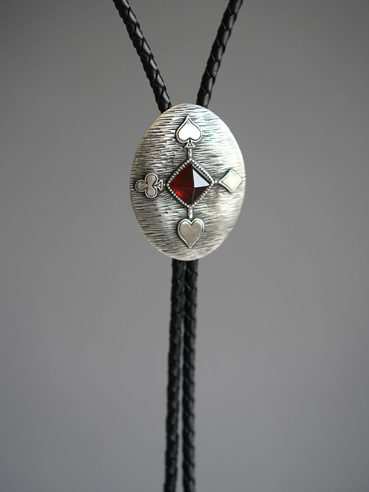 ”The Sovereign Gambit“ Silver & Sugarloaf Garnet Gemstone Bolo Tie