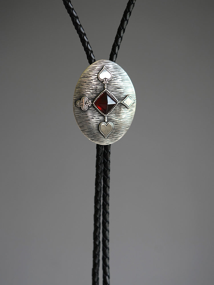 ”The Sovereign Gambit“ Silver & Sugarloaf Garnet Gemstone Bolo Tie