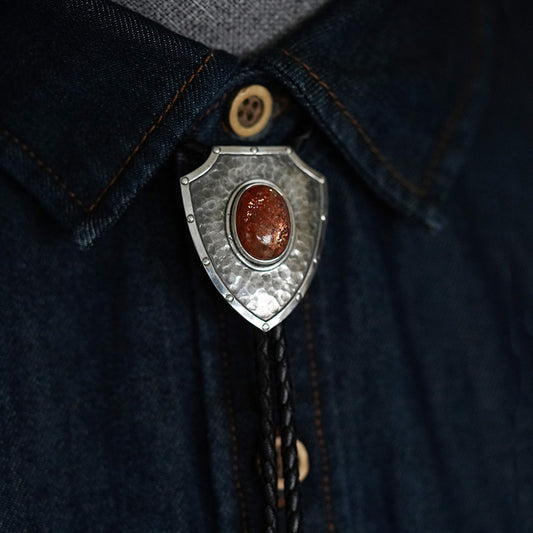 Artical Heart The Relentless Shield-One-of-a-Kind Hammered Solid Silver Sunstone Bolo Tie