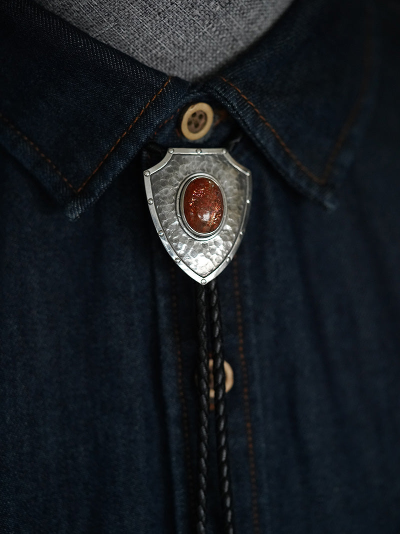 The Relentless Shield-One-of-a-Kind Hammered Solid Silver Sunstone Bolo Tie