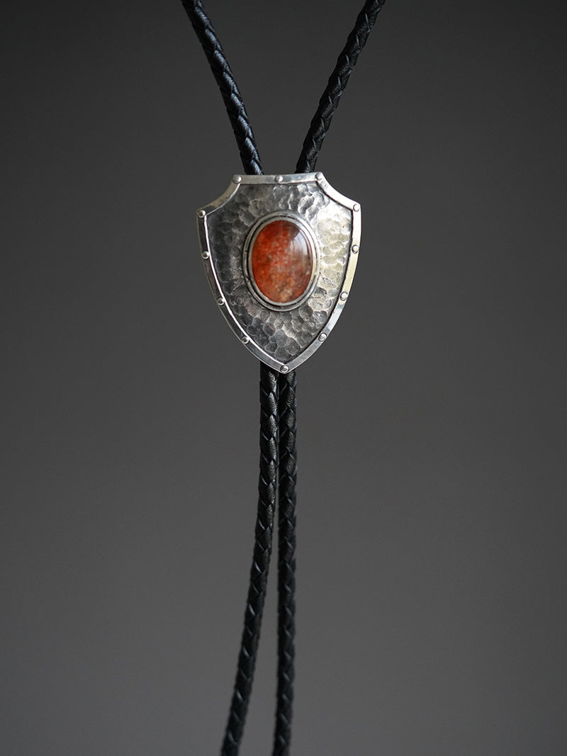 The Relentless Shield-One-of-a-Kind Hammered Solid Silver Sunstone Bolo Tie