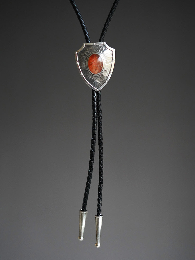 The Relentless Shield-One-of-a-Kind Hammered Solid Silver Sunstone Bolo Tie