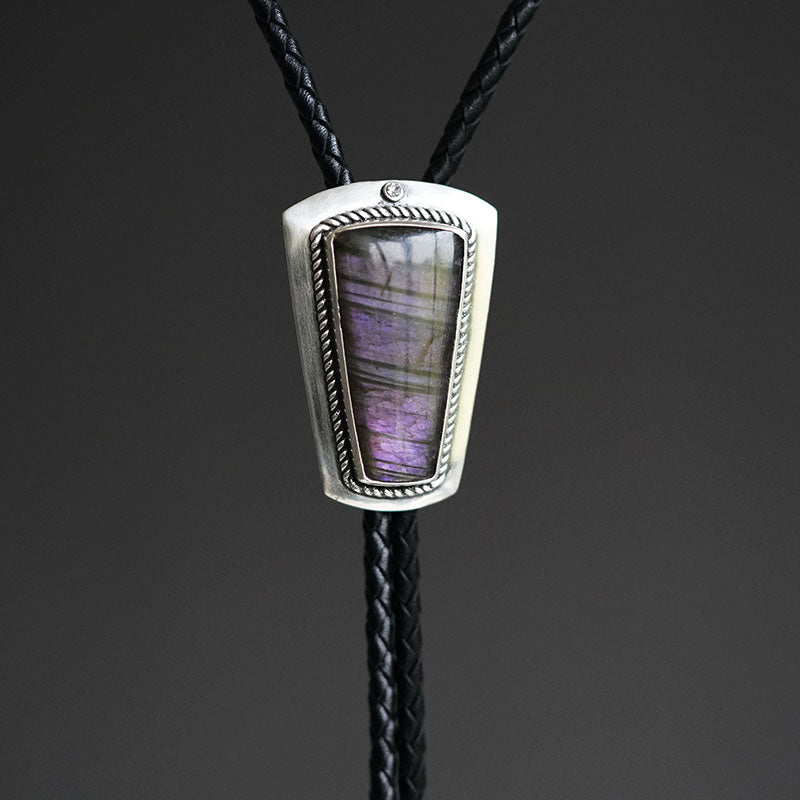 Artical Heart Flowing Violet Shield-OOAK Handcrafted S999 Fine Silver Labradorite Bolo Tie