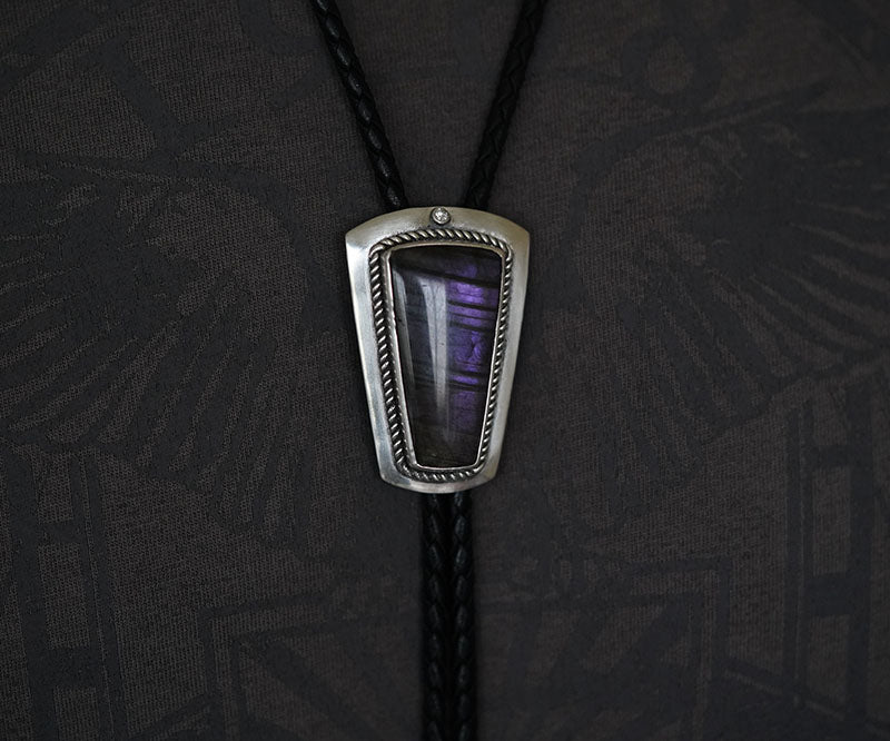 Artical Heart Flowing Violet Shield-OOAK Handcrafted S999 Fine Silver Labradorite Bolo Tie