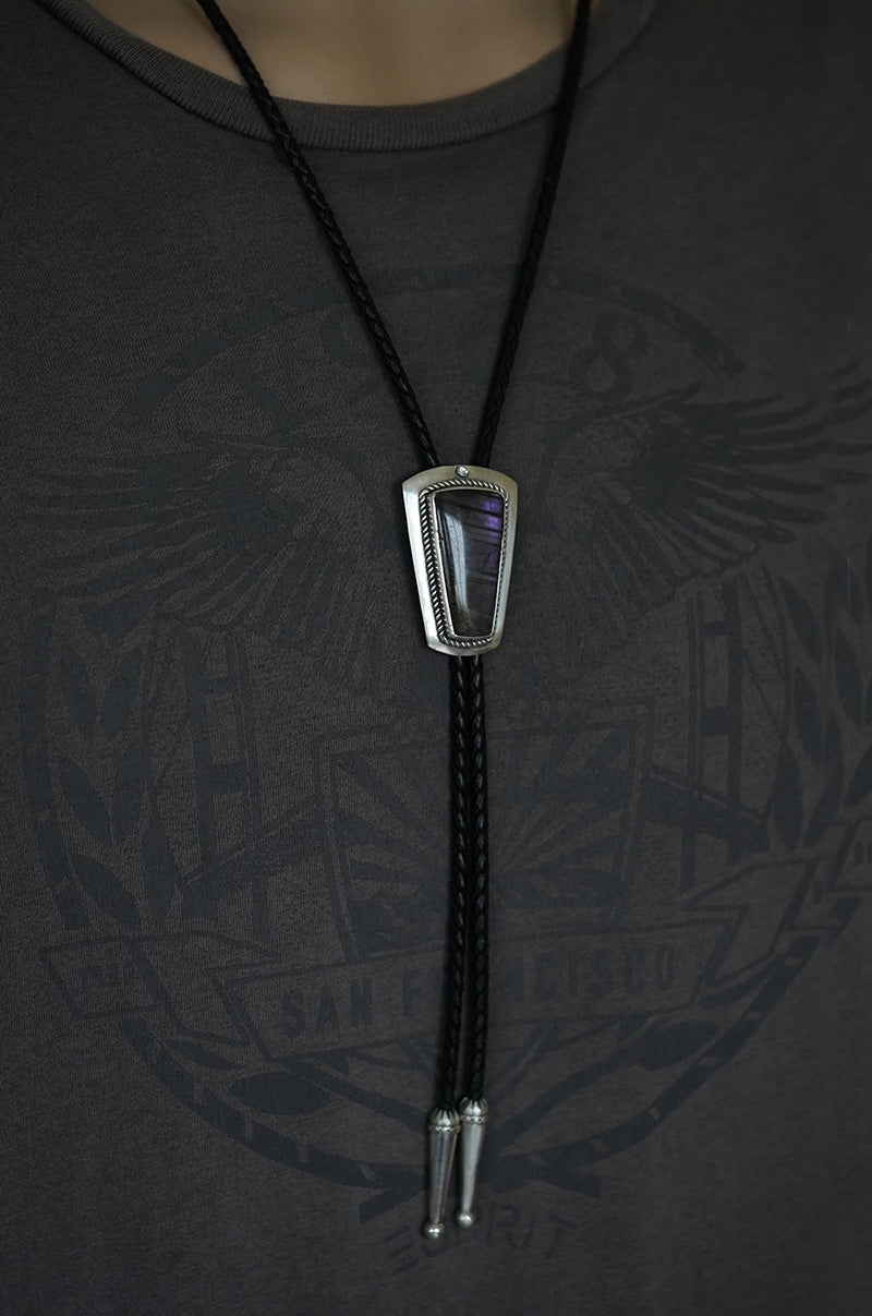 Artical Heart Flowing Violet Shield-OOAK Handcrafted S999 Fine Silver Labradorite Bolo Tie