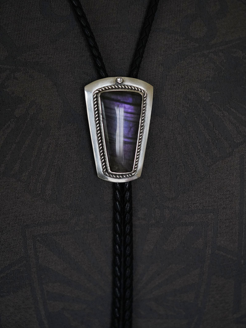 Artical Heart Flowing Violet Shield-OOAK Handcrafted S999 Fine Silver Labradorite Bolo Tie