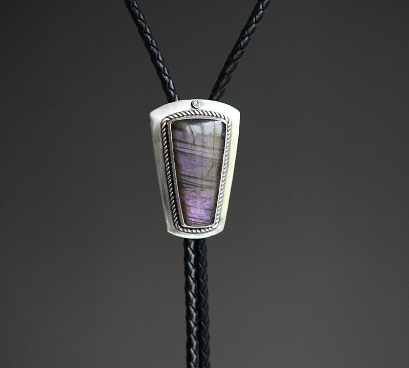 Artical Heart Flowing Violet Shield-OOAK Handcrafted S999 Fine Silver Labradorite Bolo Tie