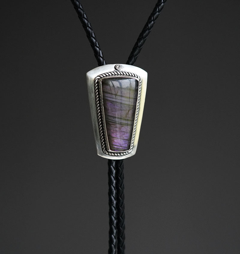 Artical Heart Flowing Violet Shield-OOAK Handcrafted S999 Fine Silver Labradorite Bolo Tie