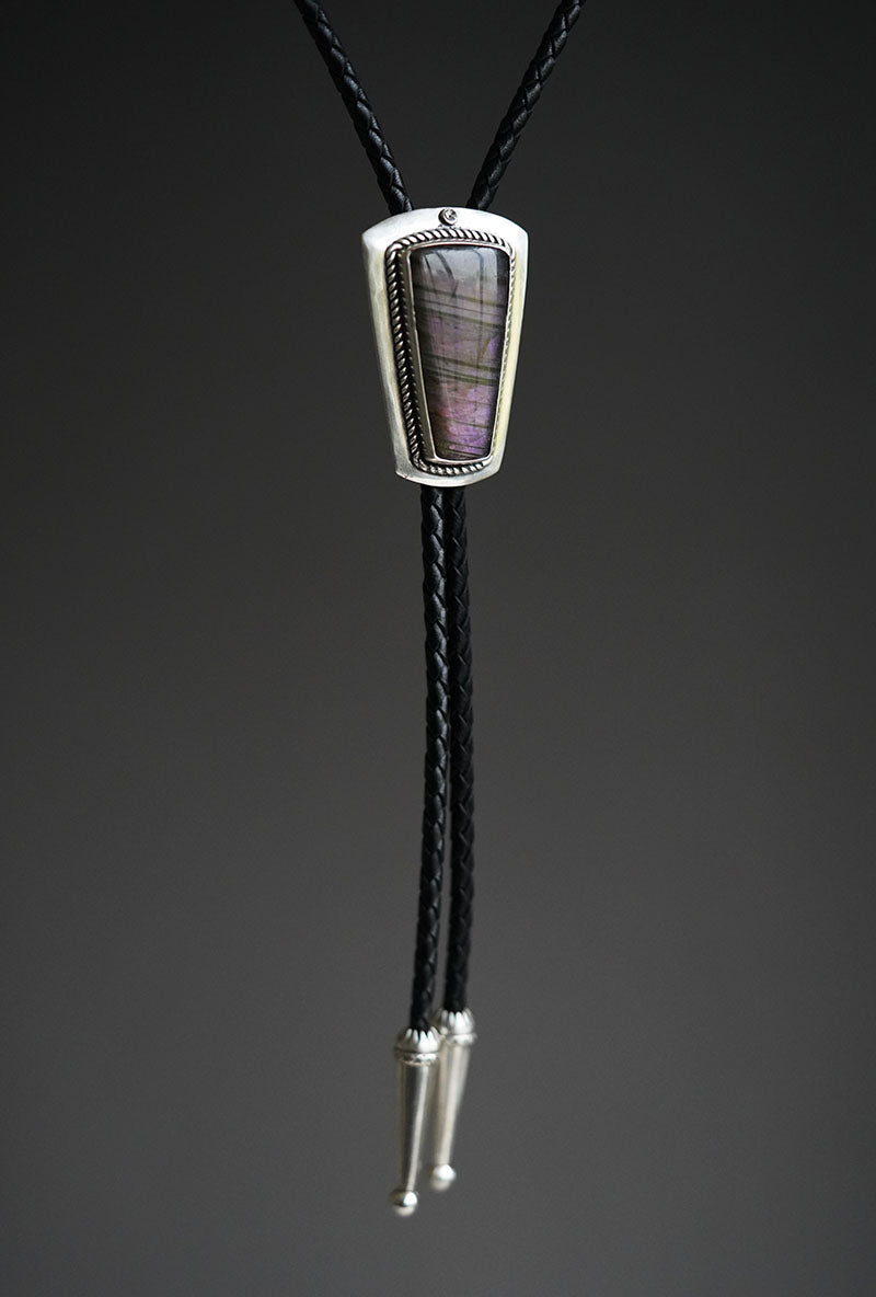Artical Heart Flowing Violet Shield-OOAK Handcrafted S999 Fine Silver Labradorite Bolo Tie