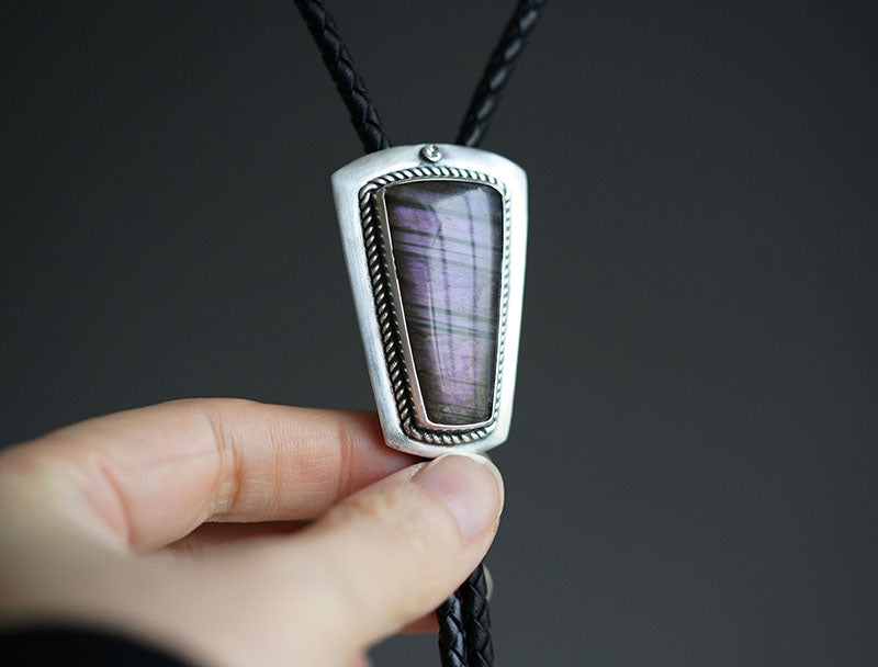 Artical Heart Flowing Violet Shield-OOAK Handcrafted S999 Fine Silver Labradorite Bolo Tie