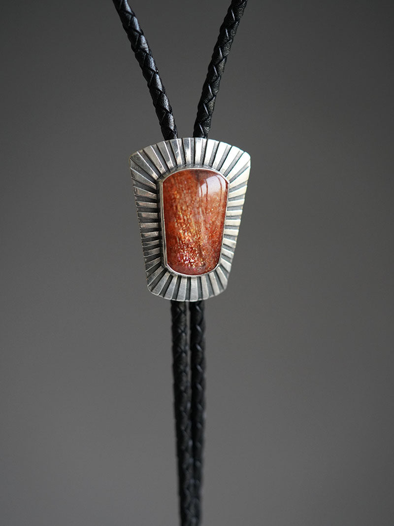 Shield of Light – OOAK S999 Fine Silver Sunstone Bolo Tie