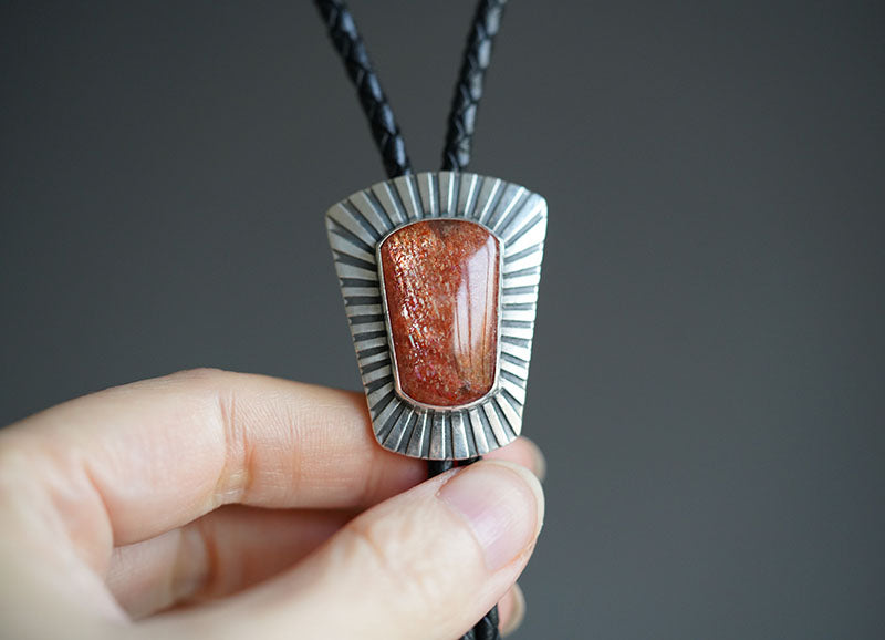 Shield of Light – OOAK S999 Fine Silver Sunstone Bolo Tie