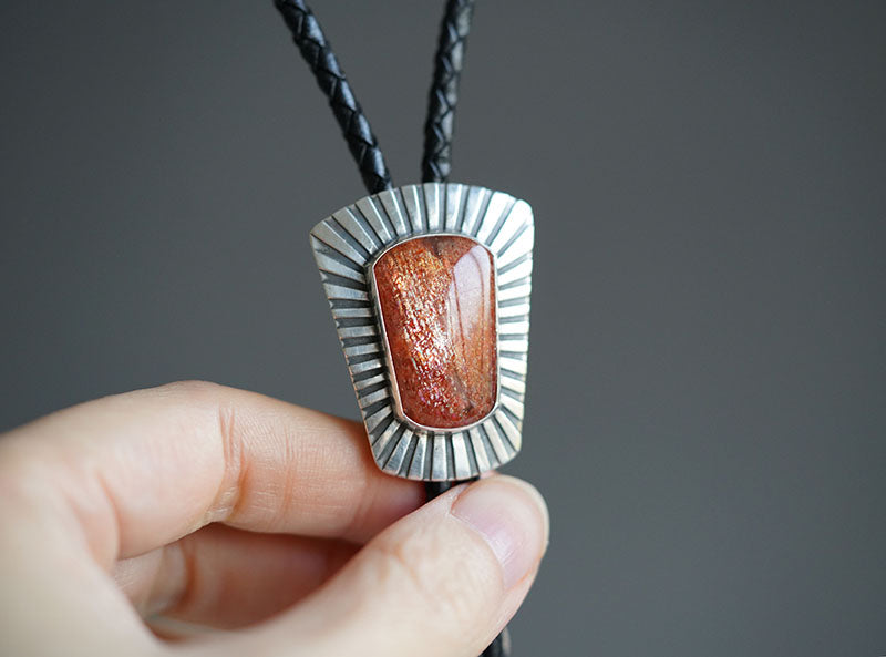 Shield of Light – OOAK S999 Fine Silver Sunstone Bolo Tie