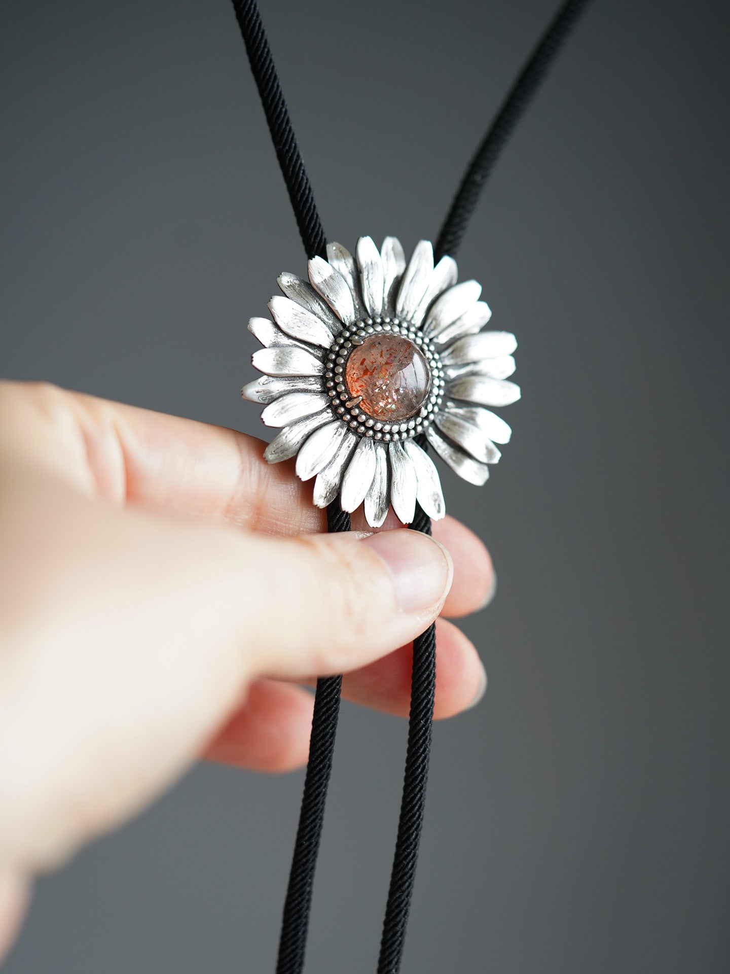 Artical Heart “Wild Spirit” African Gerbera：S999 Silver with Strawberry Quartz Bolo Tie