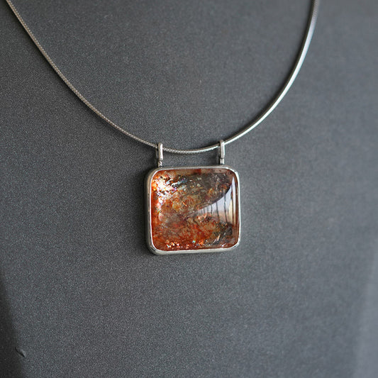 [OOAK] Modernist S999 Fine Silver Pendant - The Solar Flare & Dual-Bail Sunstone