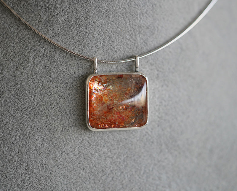 [OOAK] Modernist S999 Fine Silver Pendant - The Solar Flare & Dual-Bail Sunstone