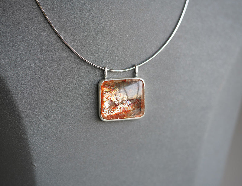 [OOAK] Modernist S999 Fine Silver Pendant - The Solar Flare & Dual-Bail Sunstone