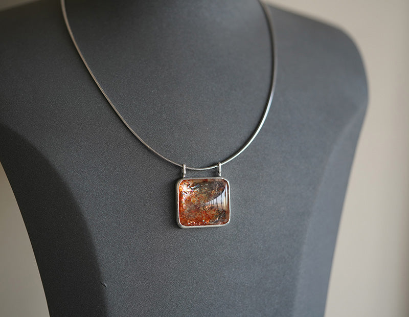 [OOAK] Modernist S999 Fine Silver Pendant - The Solar Flare & Dual-Bail Sunstone