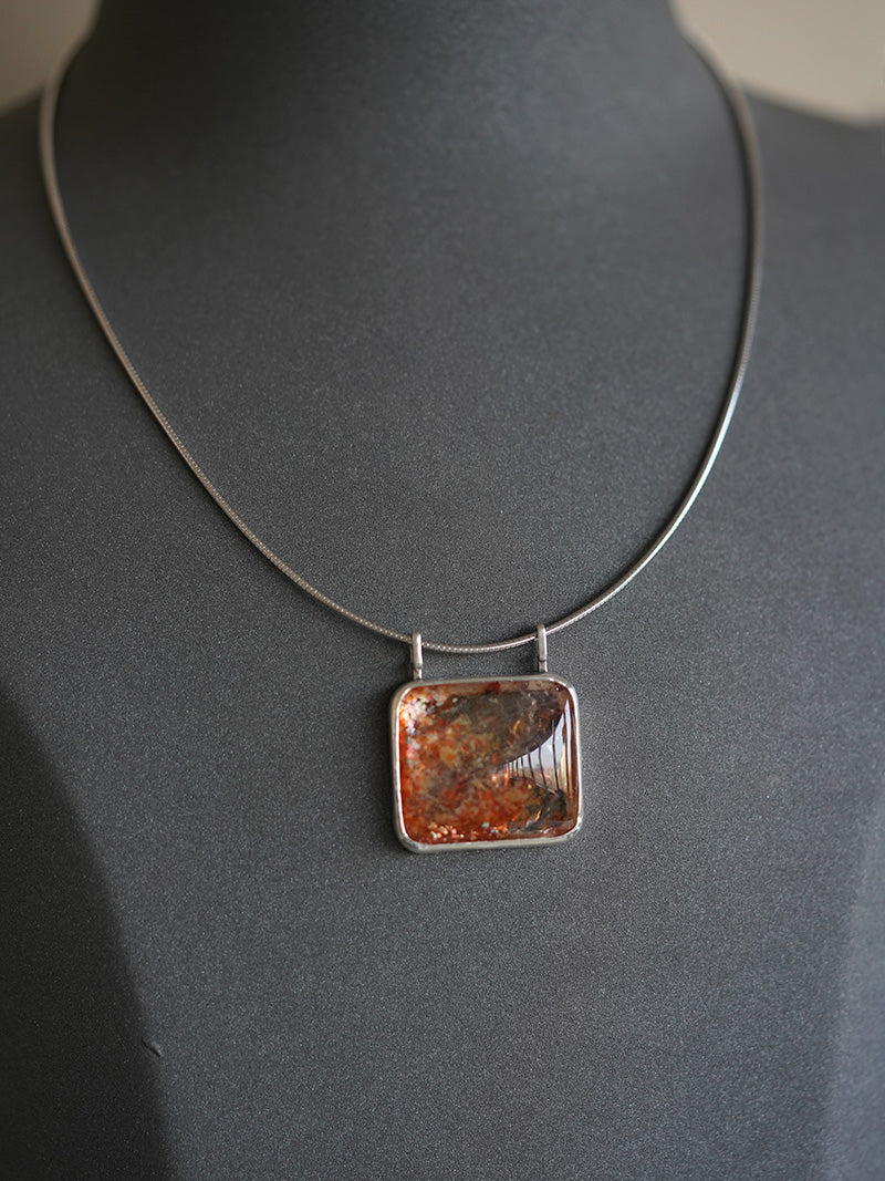 [OOAK] Modernist S999 Fine Silver Pendant - The Solar Flare & Dual-Bail Sunstone