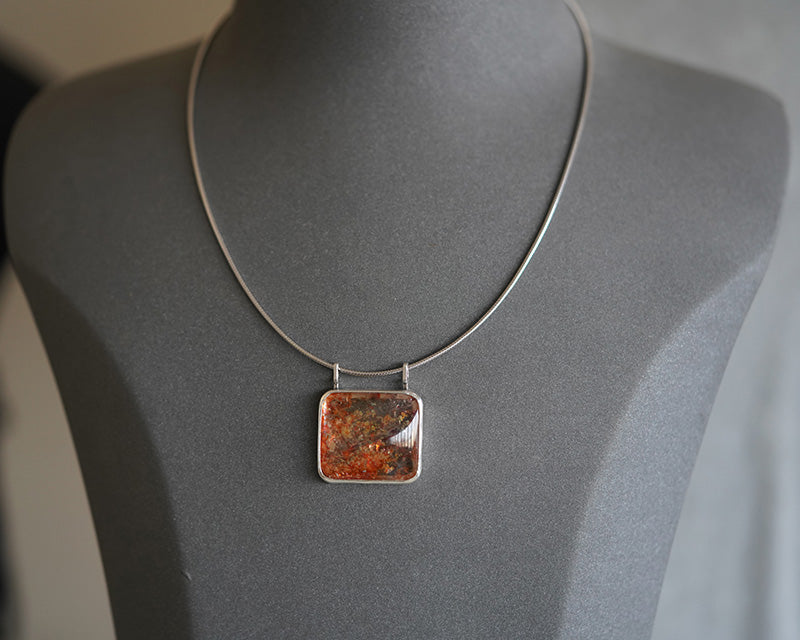 [OOAK] Modernist S999 Fine Silver Pendant - The Solar Flare & Dual-Bail Sunstone