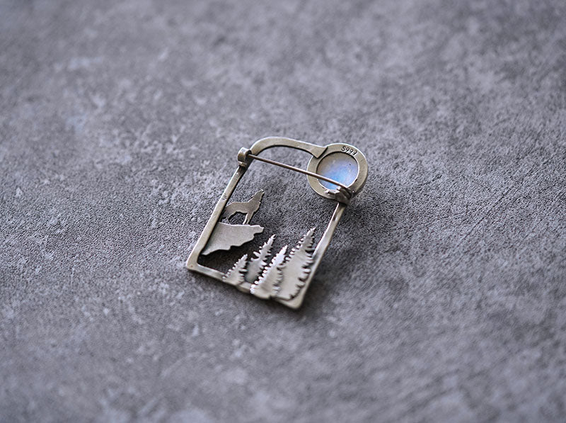 wolf under moon silver brooch