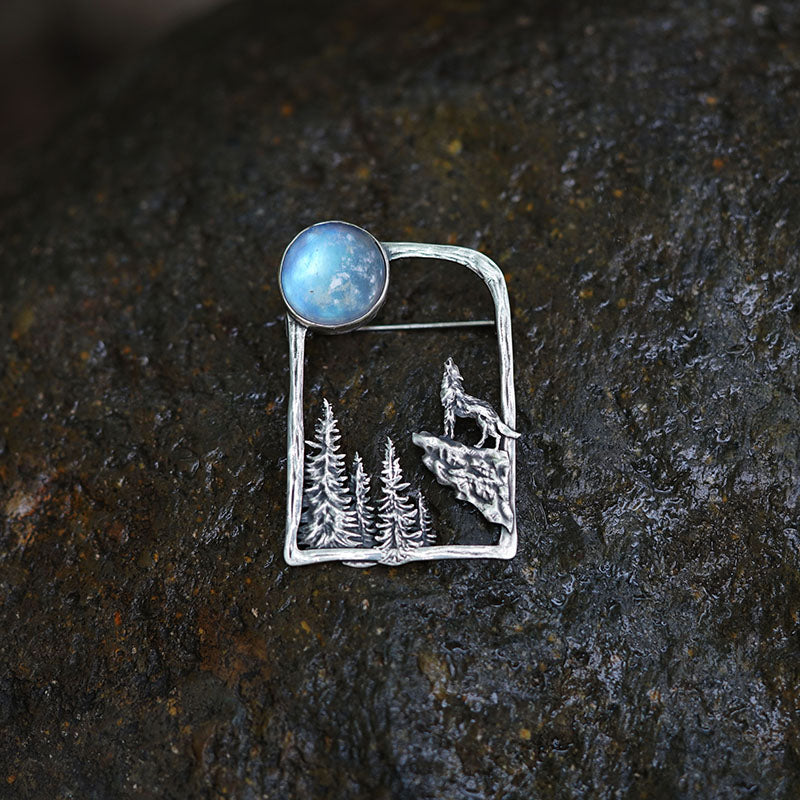 wolf under moon silver brooch